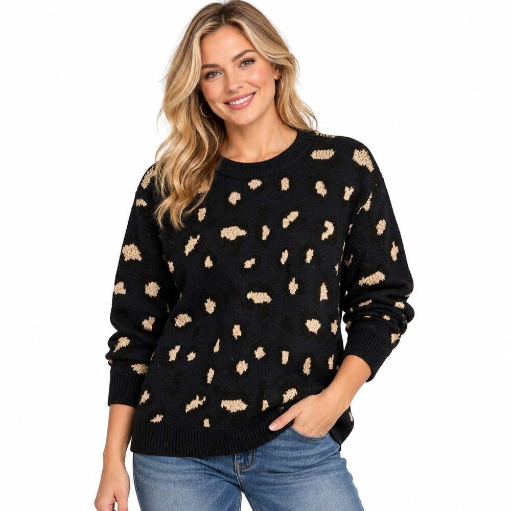 Kendall & Kylie Women's Animal Print Knit Sweater Sz M Navy Black Silver K51
